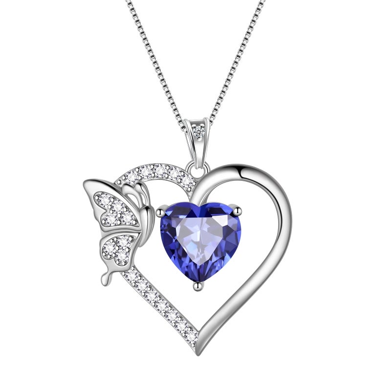 Juwaliy Blue Heart Necklace Butterfly December Birthstone Necklace Tanzanite CZ 925 Sterling Silver Pendant Jewelry Women Mother Wife Christmas Birthday Gift - Image 1