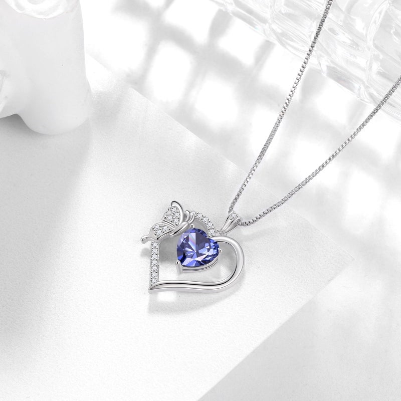 Juwaliy Blue Heart Necklace Butterfly December Birthstone Necklace Tanzanite CZ 925 Sterling Silver Pendant Jewelry Women Mother Wife Christmas Birthday Gift - Image 4