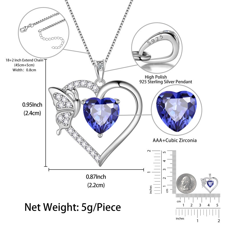 Juwaliy Blue Heart Necklace Butterfly December Birthstone Necklace Tanzanite CZ 925 Sterling Silver Pendant Jewelry Women Mother Wife Christmas Birthday Gift - Image 3