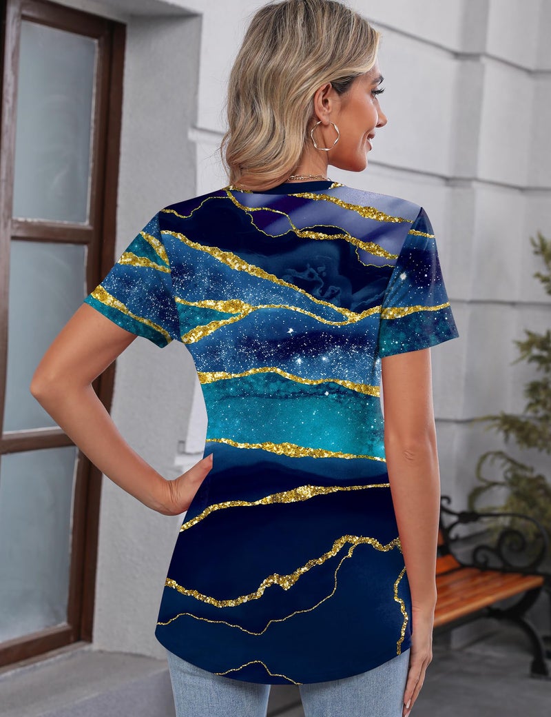 TCOT Womens Tops Comfy Short Sleeve Crewneck Regular Fit Dressy Casual Blouses Shirts for Women Blue Clothes XL - Image 3