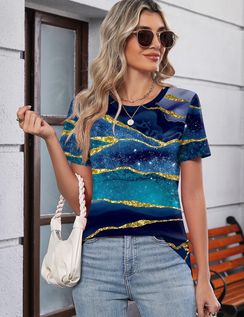 TCOT Womens Tops Comfy Short Sleeve Crewneck Regular Fit Dressy Casual Blouses Shirts for Women Blue Clothes XL - Image 5
