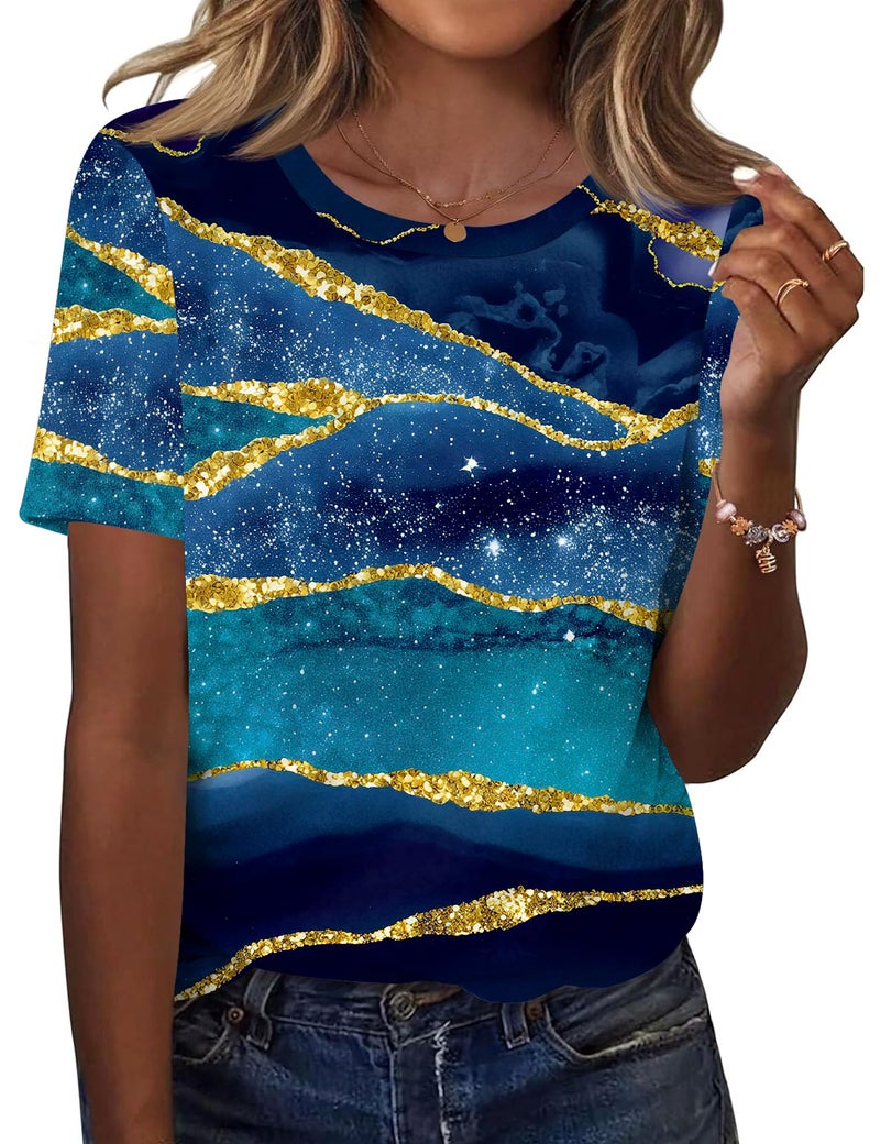 TCOT Womens Tops Comfy Short Sleeve Crewneck Regular Fit Dressy Casual Blouses Shirts for Women Blue Clothes XL - Image 1