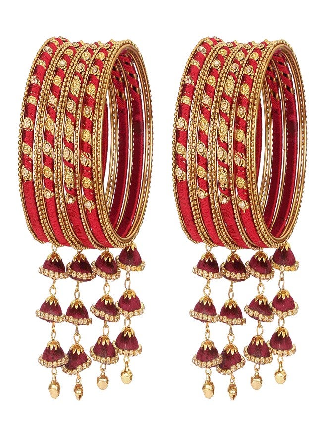 ZULKA Get your traditions Valentine Gift for Girls & Women Silk Thread Latkan Bangle Set With Zircon For Women & Girls (Pack of 2 Set, Maroon-2.4) - Image 1