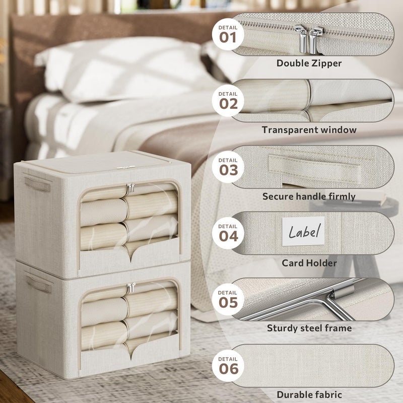 FHSQX 3 Pack Clothes Storage Bins Foldable Metal Frame Storage Box Stackable Linen Fabric Organizer Set with Carrying Handles and Clear Window (Beige, 15.7x11.8x7.8inch(22L)) - Image 4