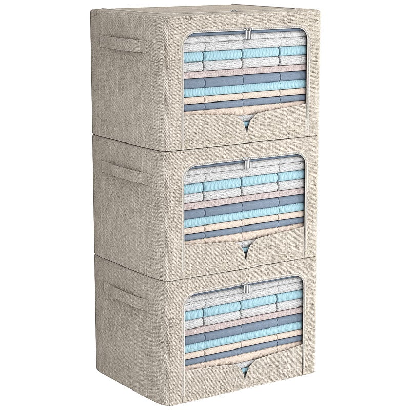FHSQX 3 Pack Clothes Storage Bins Foldable Metal Frame Storage Box Stackable Linen Fabric Organizer Set with Carrying Handles and Clear Window (Beige, 15.7x11.8x7.8inch(22L)) - Image 1