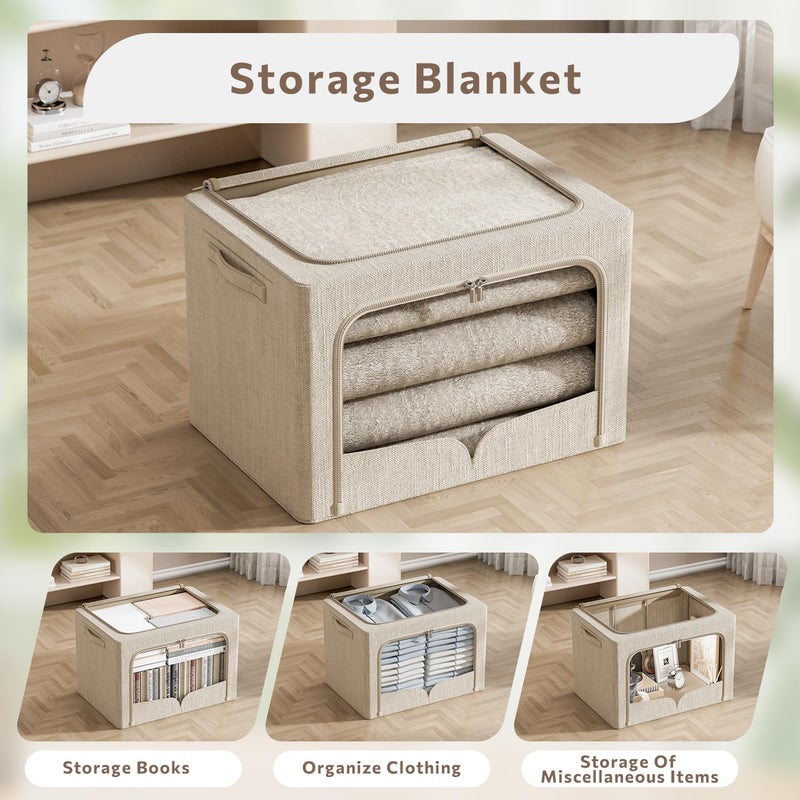 FHSQX 3 Pack Clothes Storage Bins Foldable Metal Frame Storage Box Stackable Linen Fabric Organizer Set with Carrying Handles and Clear Window (Beige, 15.7x11.8x7.8inch(22L)) - Image 2