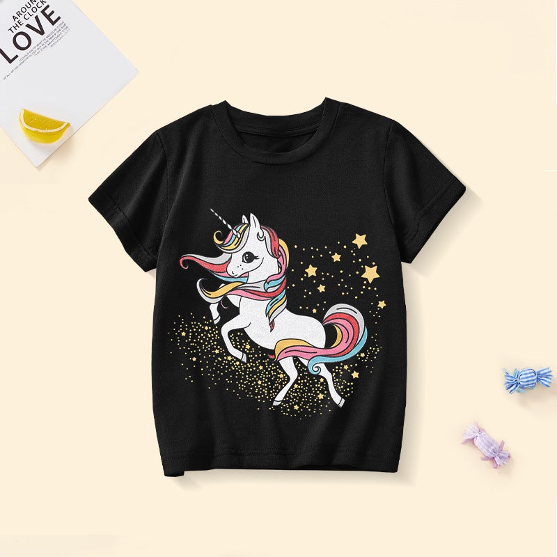 Girls' Cotton Short Sleeve T-Shirt – Cute Unicorn Print for Children 3-8 Years - Image 1