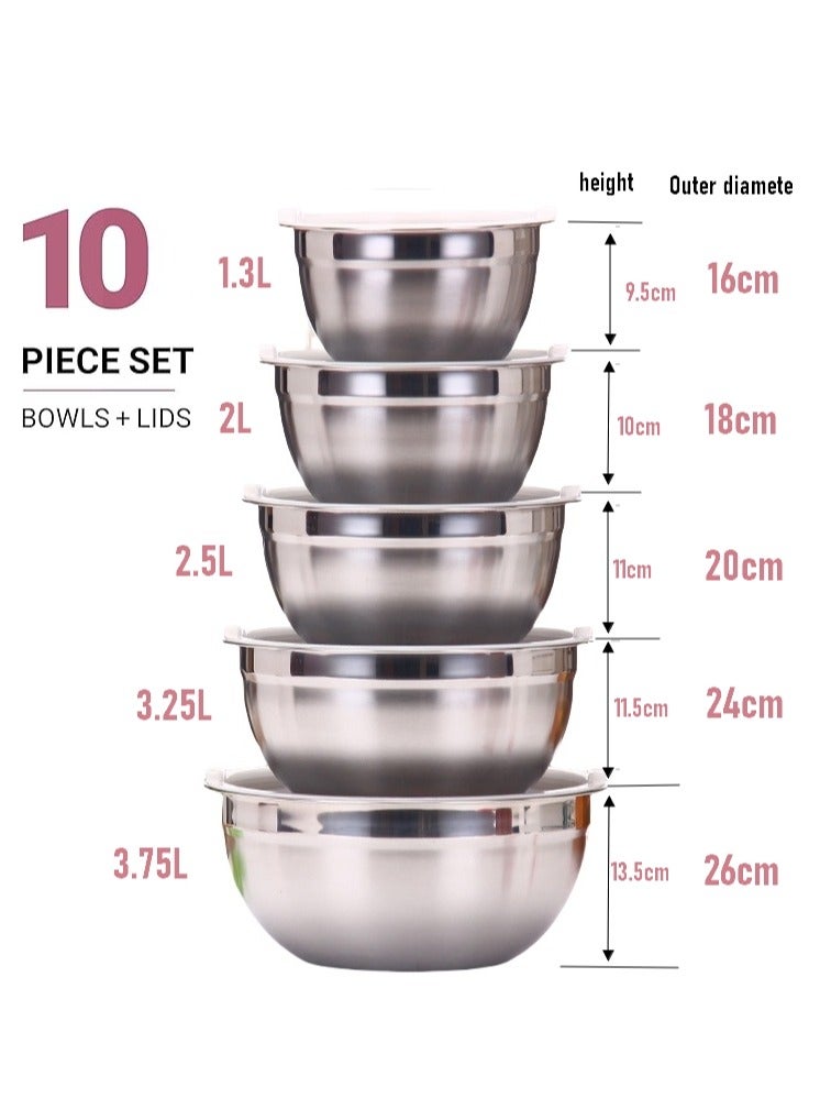 5 Pieces Mixing Round Bowl Stainless Steel Mixing Bowl Set  With Airtight Lids, Flat Base For Stability , Easy Grip Whisking, Mixing, Beating Bowls 18 20 22 24 26cm Set Bowl  - Image 2