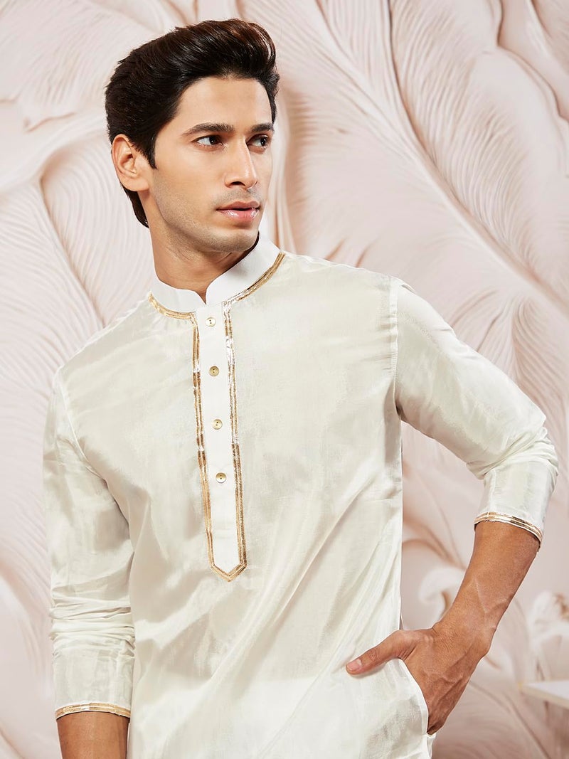 VASTRAMAY Men's White Tissue Silk Kurta Pyjama and Dupatta Set - Full Sleeves with Lace Detailing, Golden Border Dupatta for Weddings & Festive Occasions - Image 3