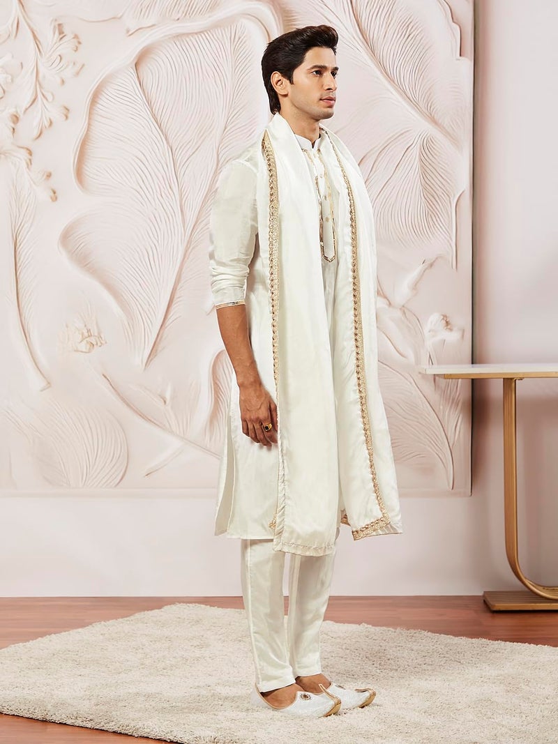 VASTRAMAY Men's White Tissue Silk Kurta Pyjama and Dupatta Set - Full Sleeves with Lace Detailing, Golden Border Dupatta for Weddings & Festive Occasions - Image 4