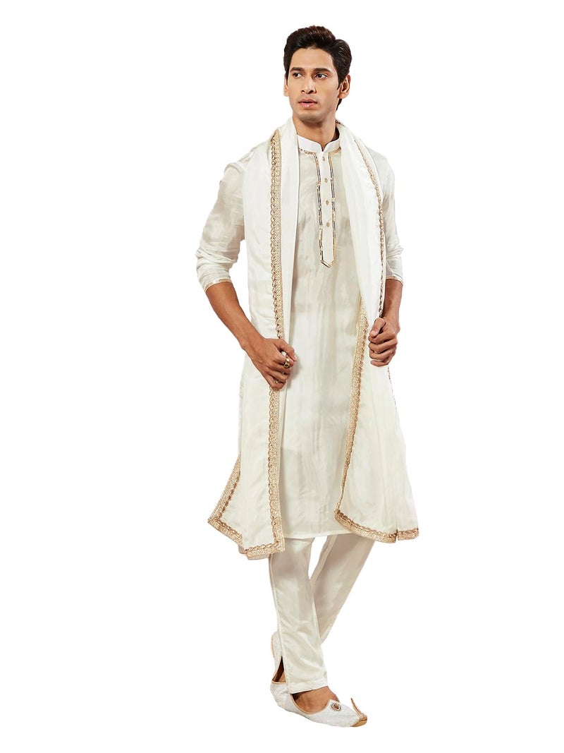 VASTRAMAY Men's White Tissue Silk Kurta Pyjama and Dupatta Set - Full Sleeves with Lace Detailing, Golden Border Dupatta for Weddings & Festive Occasions - Image 1