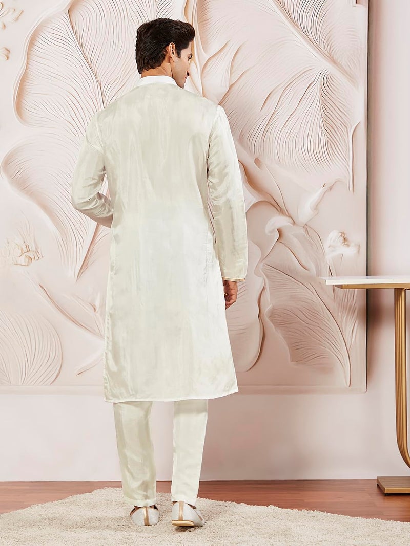 VASTRAMAY Men's White Tissue Silk Kurta Pyjama and Dupatta Set - Full Sleeves with Lace Detailing, Golden Border Dupatta for Weddings & Festive Occasions - Image 5