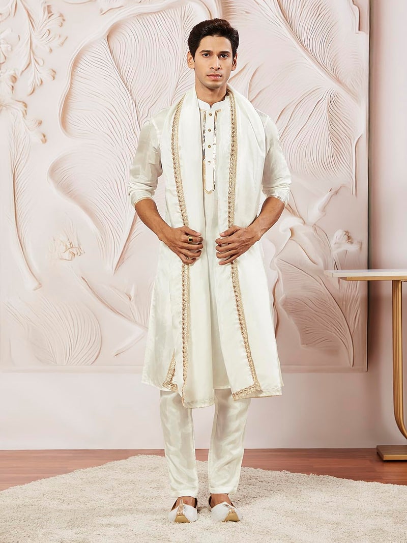 VASTRAMAY Men's White Tissue Silk Kurta Pyjama and Dupatta Set - Full Sleeves with Lace Detailing, Golden Border Dupatta for Weddings & Festive Occasions - Image 2