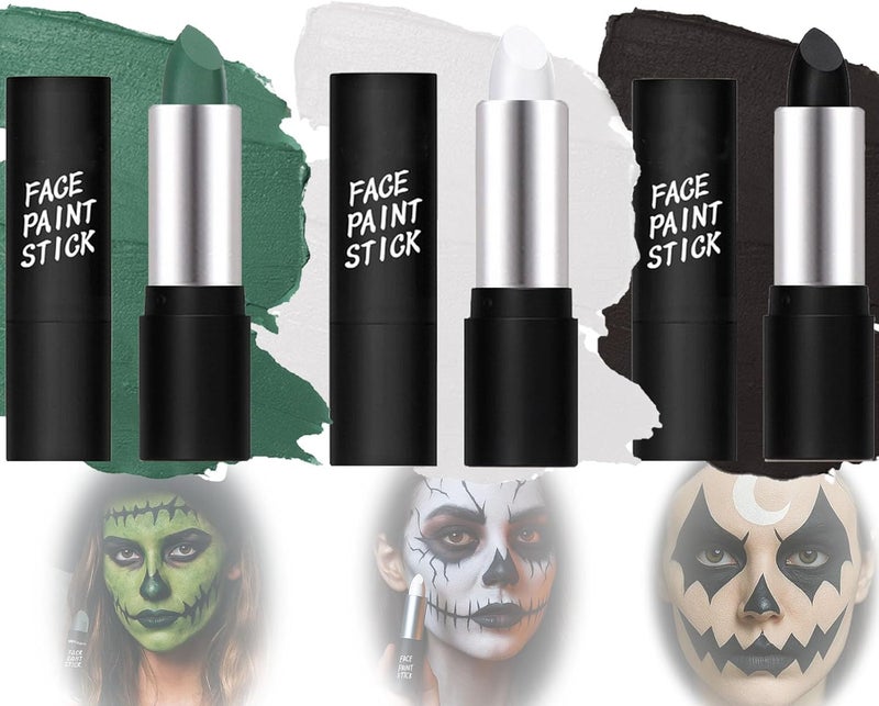 3 Color Black White Green Halloween Face Paint Stick Waterproof Matte Lipstick Body Crayon Glow in Dark Neon Makeup Cream for Stage Performances Costume Dress Parties Sports Events