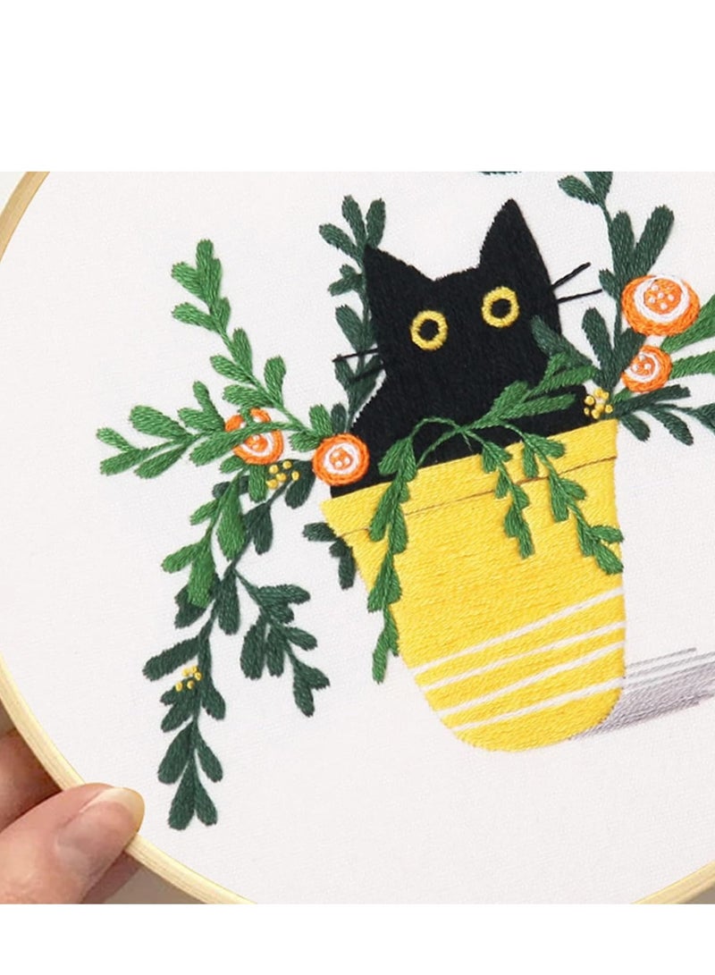 4 Pack Embroidery kit with Patterns and Instructions for Beginners Cross Stitch Kits Adults, Clothes Plant Cat Pattern, 2 Hoops, Color Threads Scissor