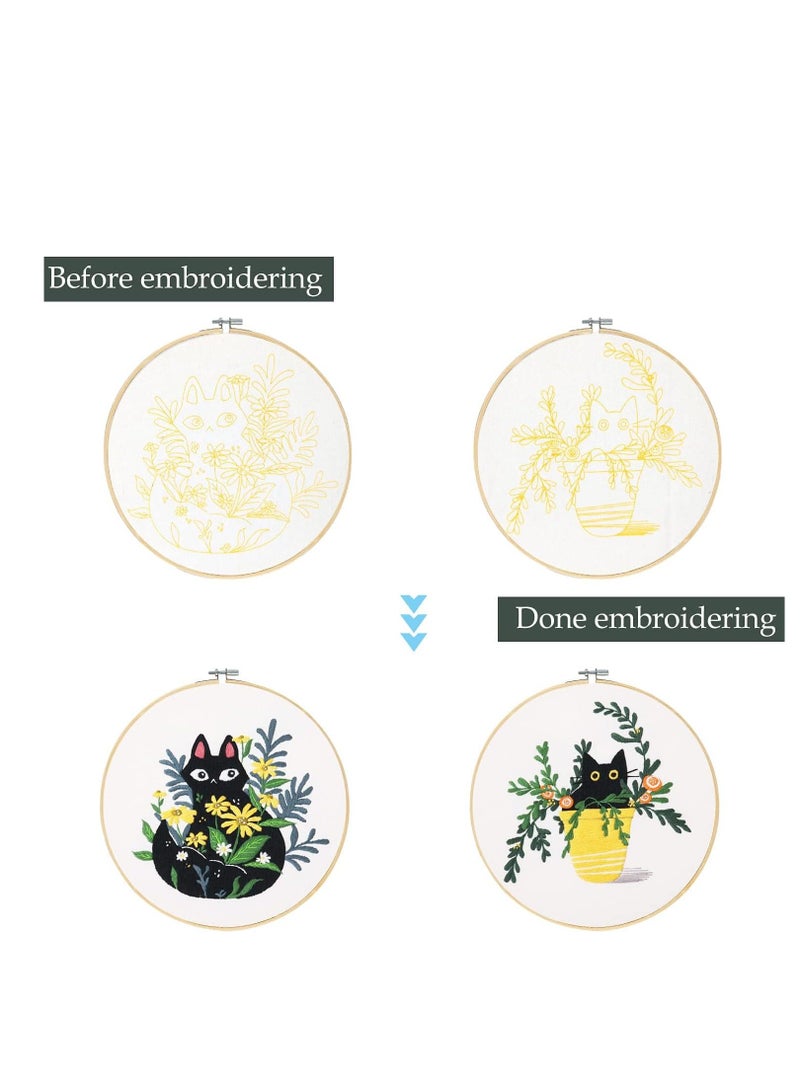 4 Pack Embroidery kit with Patterns and Instructions for Beginners Cross Stitch Kits Adults, Clothes Plant Cat Pattern, 2 Hoops, Color Threads Scissor