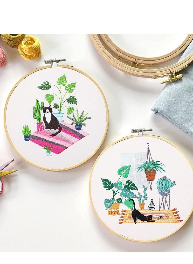 4 Pack Embroidery kit with Patterns and Instructions for Beginners Cross Stitch Kits Adults, Clothes Plant Cat Pattern, 2 Hoops, Color Threads Scissor