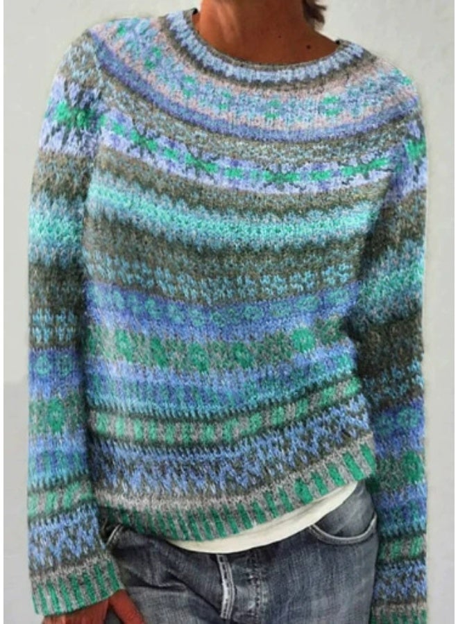 general Womens Fall Vintage Fair Isle Sweater Casual Loose Long Sleeve Crewneck Knitted Pullover Sweater Tops - Image 1