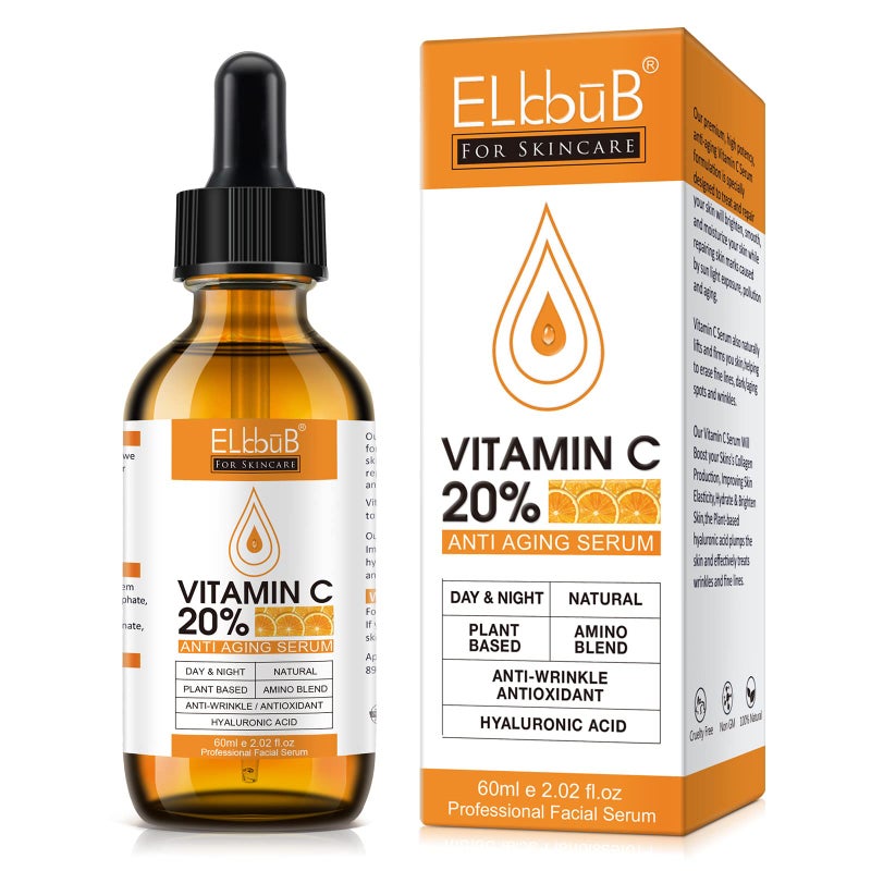 ELBBUB Premium 20% Vitamin C Serum For Face with Hyaluronic Acid, Retinol & Amino Acids - Boost Skin Collagen,Hydrate & Plump Skin, Anti Aging & Wrinkle Facial Serum 60ml - Image 1