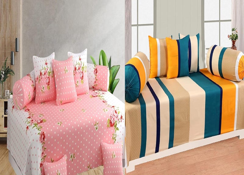 IVAZA IVAZA Premium Floral Printed Cotton 6 Piece diwan Set Combo 2 diwan bedsheet 10 Cushion Covers 4 Bolster Covers Striped Yellow Pink 