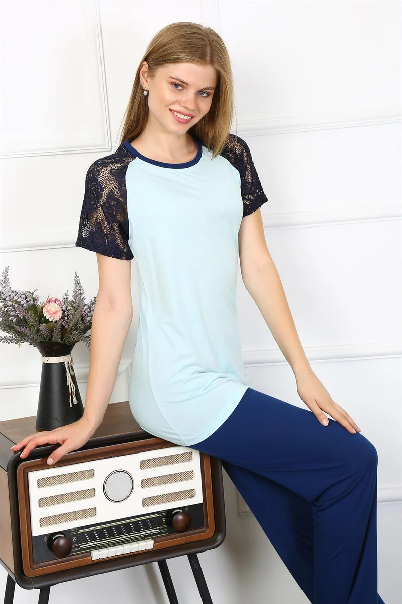 اكبينيز Women's Lace Sleeve Combed Cotton Pajama Set 4148
