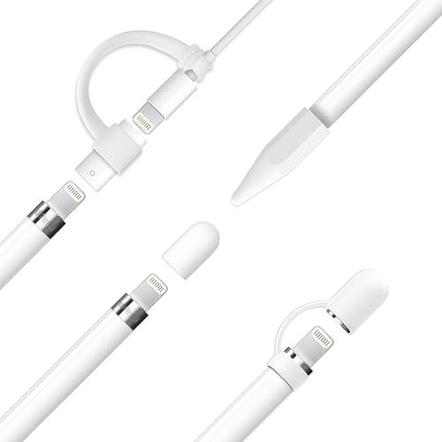siduater [4-Pack] Silicone Protective Accessories for Apple Pencil 1st Generation, Includes 1 Apple Pencil Cap Replacements, Cap Holder, Tip Cover, Adapter Tether - White - Image 3