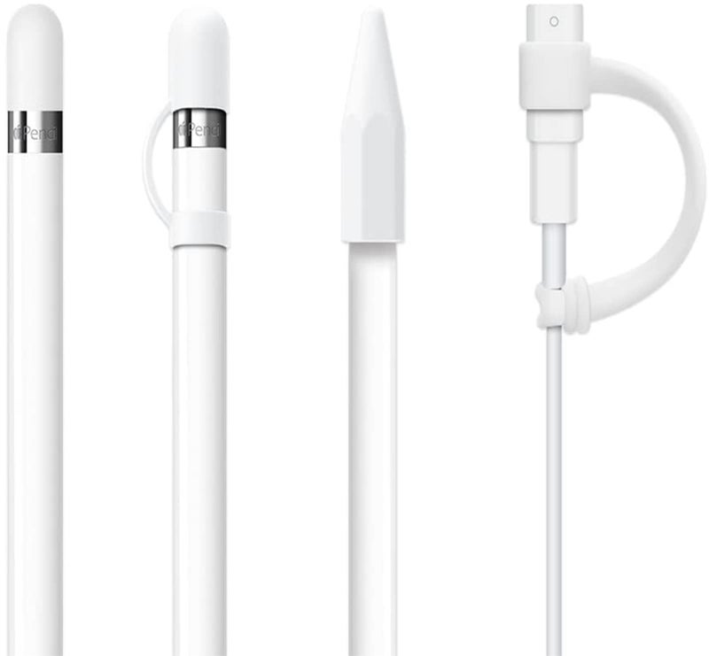 siduater [4-Pack] Silicone Protective Accessories for Apple Pencil 1st Generation, Includes 1 Apple Pencil Cap Replacements, Cap Holder, Tip Cover, Adapter Tether - White - Image 1