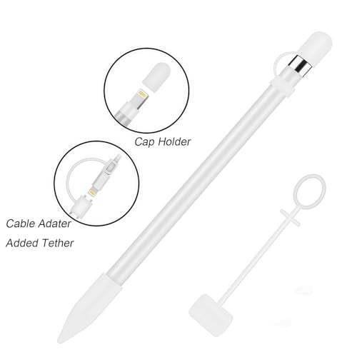 siduater [4-Pack] Silicone Protective Accessories for Apple Pencil 1st Generation, Includes 1 Apple Pencil Cap Replacements, Cap Holder, Tip Cover, Adapter Tether - White - Image 5