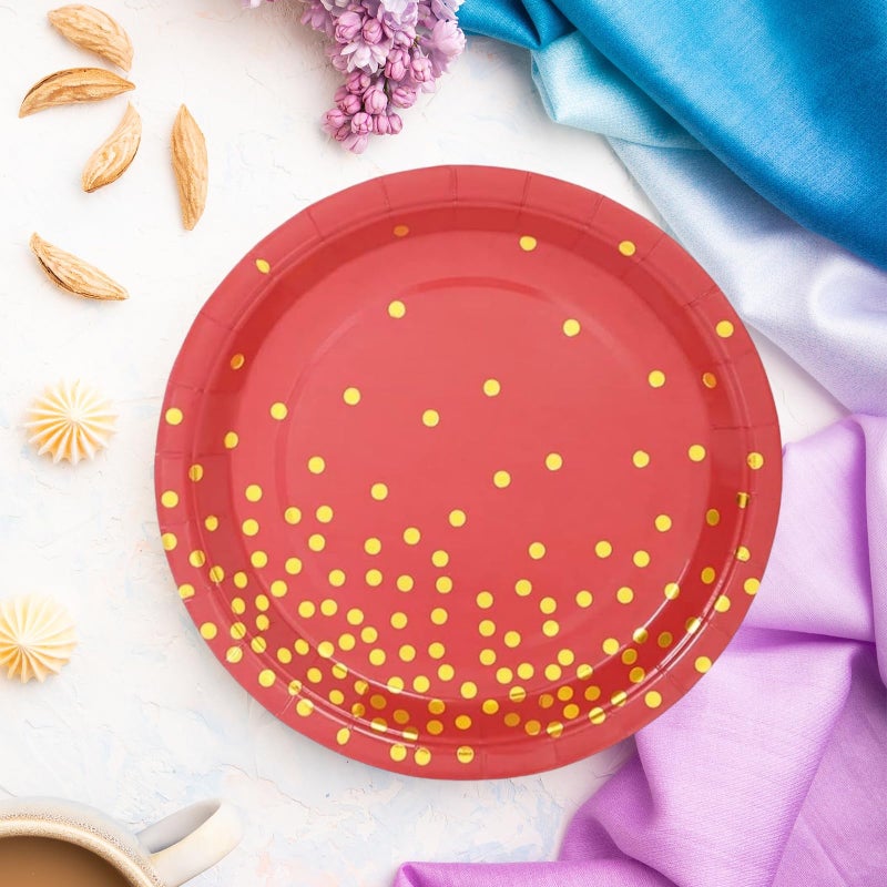 EVYIENEN 50 Pack Red and Gold Paper Plates  7 inch Metallic Foil Polka Dots Disposable Dessert Party Plates Party Supplies for Graduation Birthday Cocktail Party Weddings Holiday Christmas - Image 3