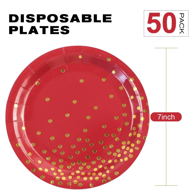 EVYIENEN 50 Pack Red and Gold Paper Plates  7 inch Metallic Foil Polka Dots Disposable Dessert Party Plates Party Supplies for Graduation Birthday Cocktail Party Weddings Holiday Christmas - Image 1