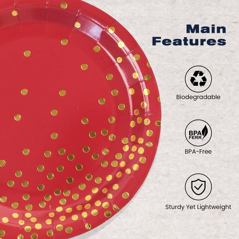 EVYIENEN 50 Pack Red and Gold Paper Plates  7 inch Metallic Foil Polka Dots Disposable Dessert Party Plates Party Supplies for Graduation Birthday Cocktail Party Weddings Holiday Christmas - Image 2