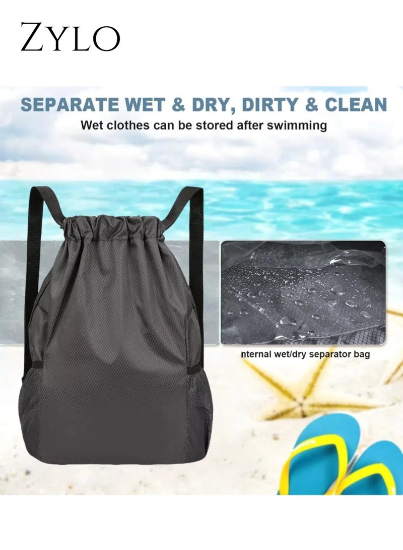 Zylo Drawstring Backpack, Small Gym Bag with Wet & Dry Compartment, Basketball Sackpack for Men Women, Sports Bag Backpack for Swim Soccer Accessories Essentials, Gray - Image 4