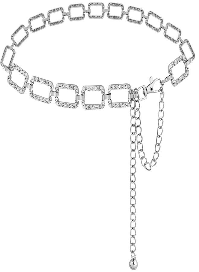 LIMHOO Metal Waist Chain for Women Rhinestone Chain Belt Crystal Waist Belt for Dress (Square-Silver-M) - Image 1