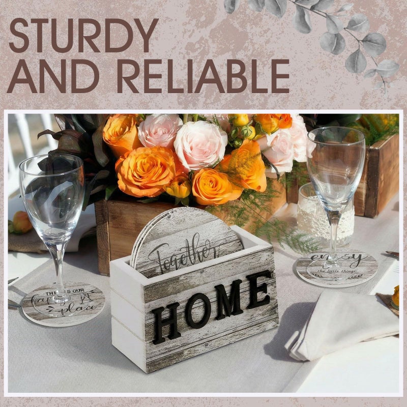 Queekay Coasters Set of 6 House Warming Gifts New Home Wooden Farmhouse Drink Coasters with Holder 4'' Funny Decoration for Kitchen Family Coffee Bar Tabletop Protection(Wood Color) - Image 5