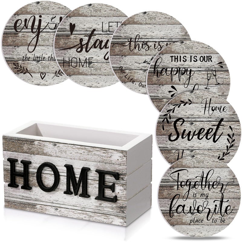 Queekay Coasters Set of 6 House Warming Gifts New Home Wooden Farmhouse Drink Coasters with Holder 4'' Funny Decoration for Kitchen Family Coffee Bar Tabletop Protection(Wood Color) - Image 1