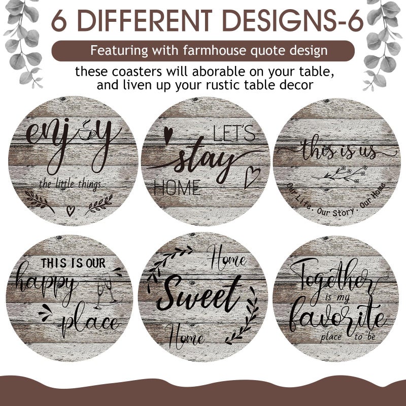 Queekay Coasters Set of 6 House Warming Gifts New Home Wooden Farmhouse Drink Coasters with Holder 4'' Funny Decoration for Kitchen Family Coffee Bar Tabletop Protection(Wood Color) - Image 4