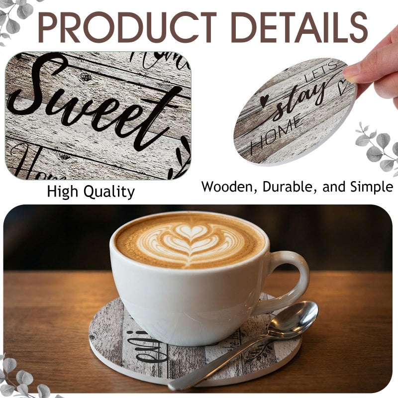 Queekay Coasters Set of 6 House Warming Gifts New Home Wooden Farmhouse Drink Coasters with Holder 4'' Funny Decoration for Kitchen Family Coffee Bar Tabletop Protection(Wood Color) - Image 3