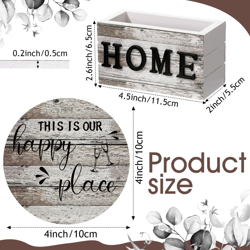 Queekay Coasters Set of 6 House Warming Gifts New Home Wooden Farmhouse Drink Coasters with Holder 4'' Funny Decoration for Kitchen Family Coffee Bar Tabletop Protection(Wood Color) - Image 2