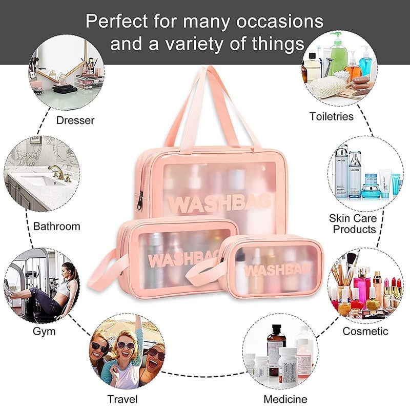 TAGUDA PVC Washbag Set Of 3 Pcs Cosmetic Toiletry Makeup Vanity Shaving Household Grooming Travel Storage Organizer Bags Pouch Kit Pack For Men Women Girls Travel (Pink) - Image 5