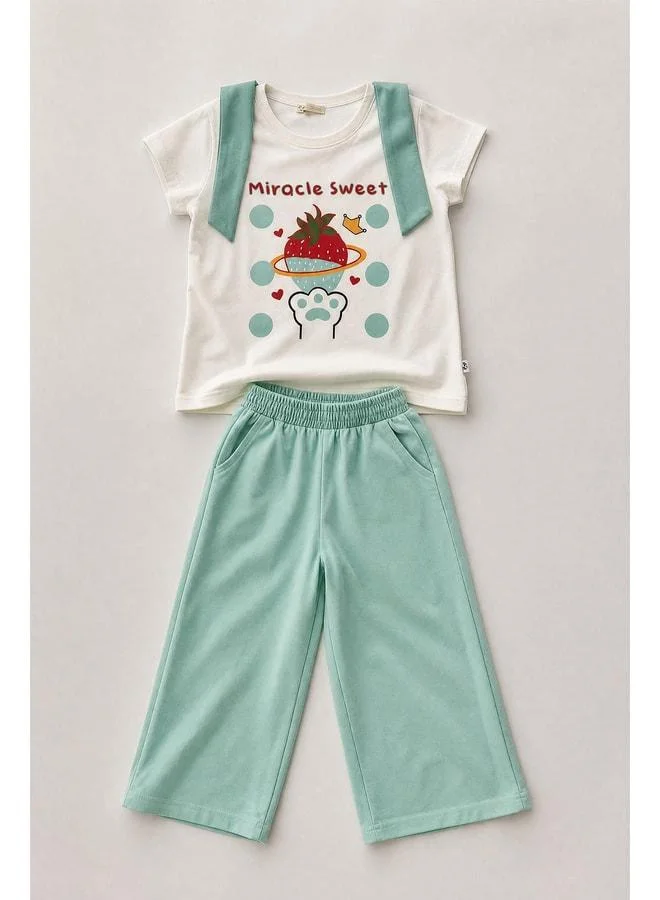 Perendi Girl's Strawberry Print Wide-Leg Set