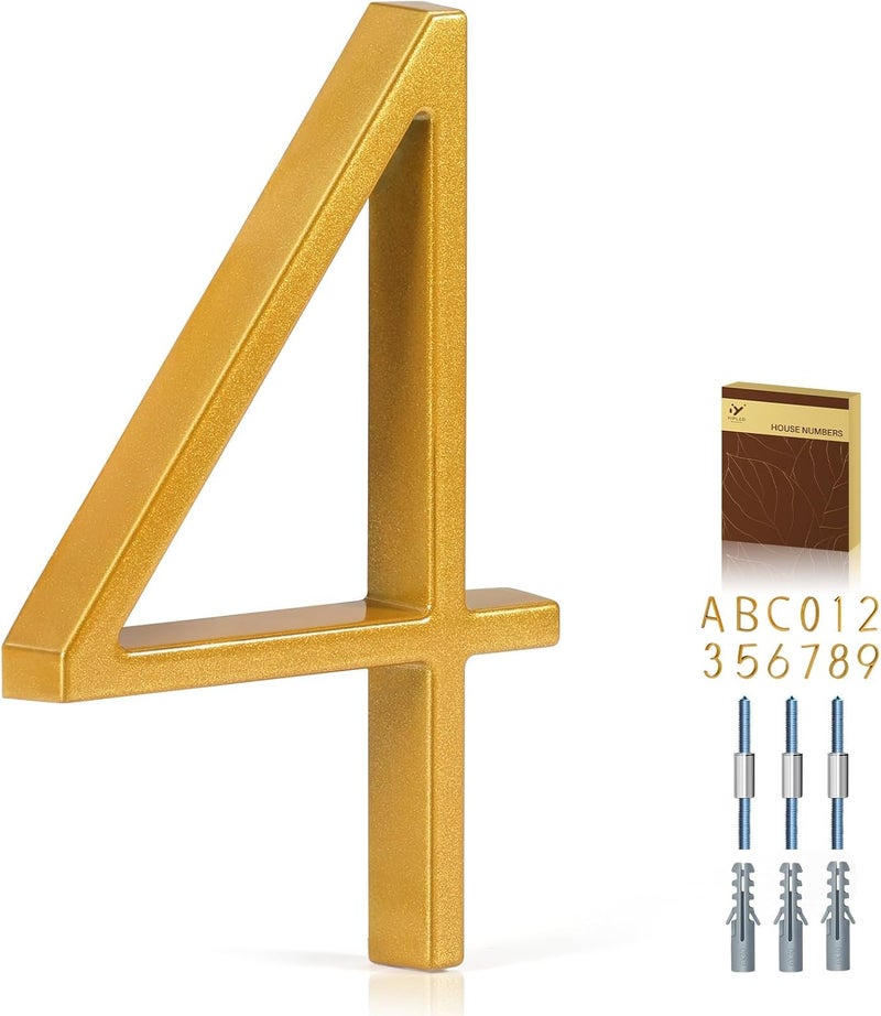 YIPLED 5 Inch House Numbers for Outside, Metal Address Number 4 - Modern Design, Weather-Resistant Gold Powder Coated Finish, No Fading (Gold) - Image 1