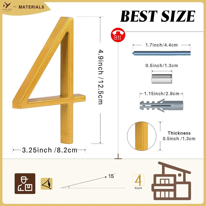 YIPLED 5 Inch House Numbers for Outside, Metal Address Number 4 - Modern Design, Weather-Resistant Gold Powder Coated Finish, No Fading (Gold) - Image 3