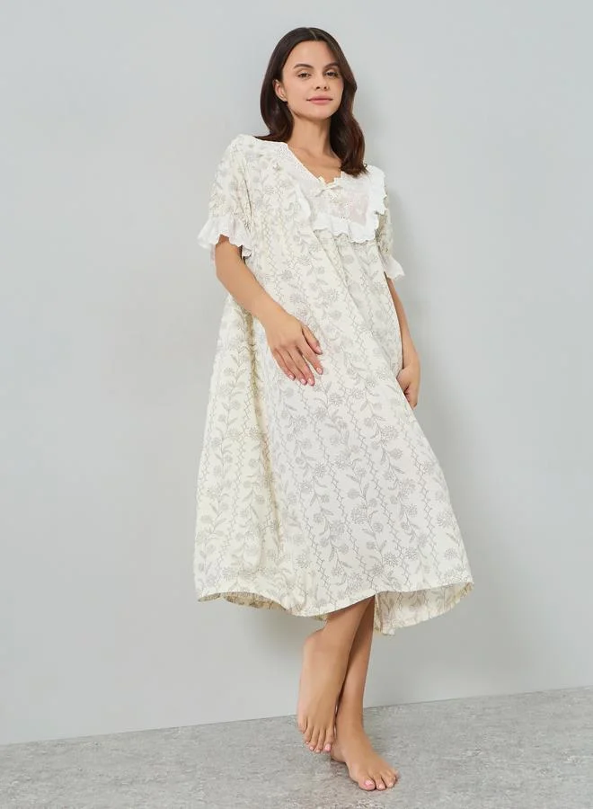 Styli Floral Print Midi Nightdress with Lace Trim