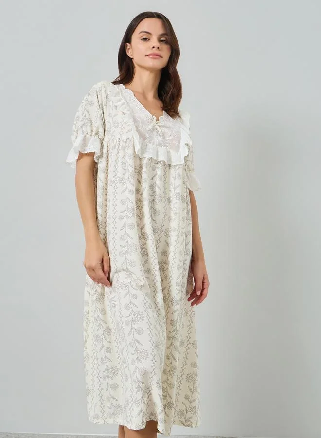 Styli Floral Print Midi Nightdress with Lace Trim