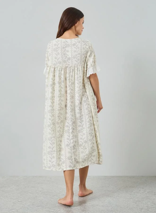 Styli  Floral Print Midi Nightdress with Lace Trim for Women | Best Price UAE
