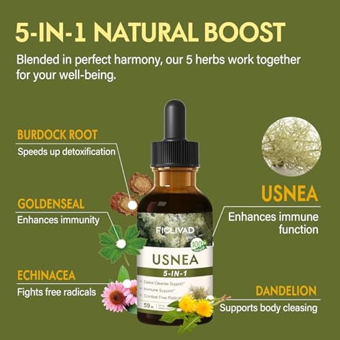 FIOLIVAD Usnea Tincture for Immune Support & Detox Cleanse, Dried Usnea Lichen Drops 5-in-1 Herbal Formula with Usnea barbata, Goldenseal & Echinacea Extract, High Absorption Liquid Supplement. 2oz - Image 4
