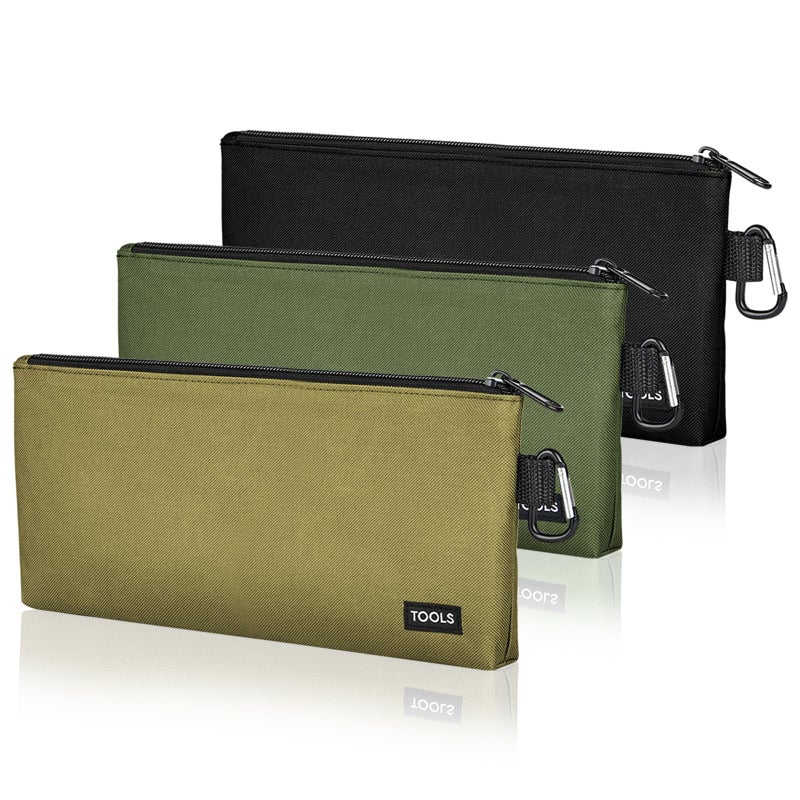 Coidea 3 Pack Premium Tool Pouches Zipper Bag, 12 in Small Tools Bags with Carabiner, Heavy Duty Flat Bottom Utility Multipurpose Storage Organizer Bag for Tool, Stationary, Pencil (Tan, Navy Green, Black) - Image 1