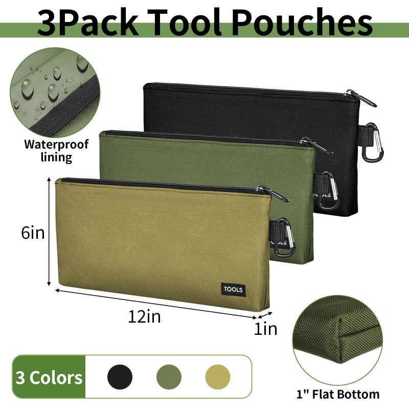 Coidea 3 Pack Premium Tool Pouches Zipper Bag, 12 in Small Tools Bags with Carabiner, Heavy Duty Flat Bottom Utility Multipurpose Storage Organizer Bag for Tool, Stationary, Pencil (Tan, Navy Green, Black) - Image 2