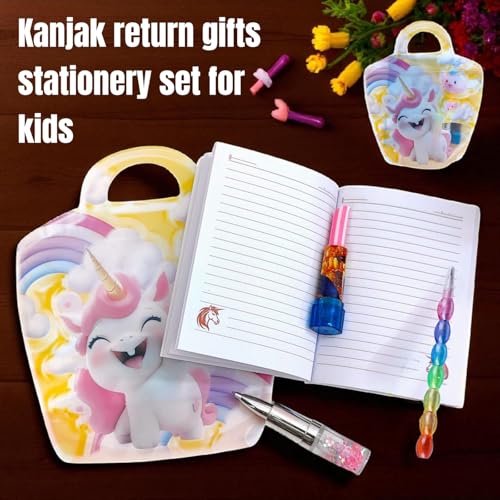TERA13 25 Piece Navratri Special Stationery Gift Set, Girls Kanjak Stationery Combo Set, 5 Unicorn Pouch, 5 Mermaid Diary 5 Lanto Pencil, 5 Lipstick Pen, 5 Lipstick Eraser Birthday Return Gift - Image 4