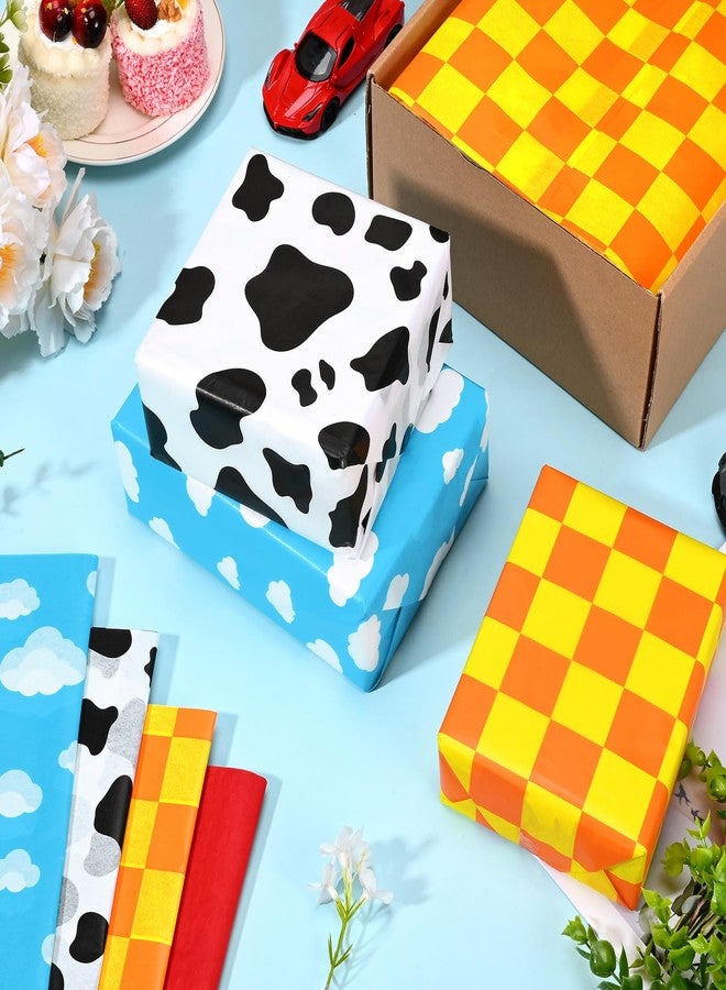 Bolsome 100Pcs Cartoon Story Tissue Paper Blue Sky White Clouds Cow Yellow Checkered Tissue Paper for Gift Wrapping for Birthday Party Baby Shower DIY Craft Supplies, 20 × 14 Inches - Image 3